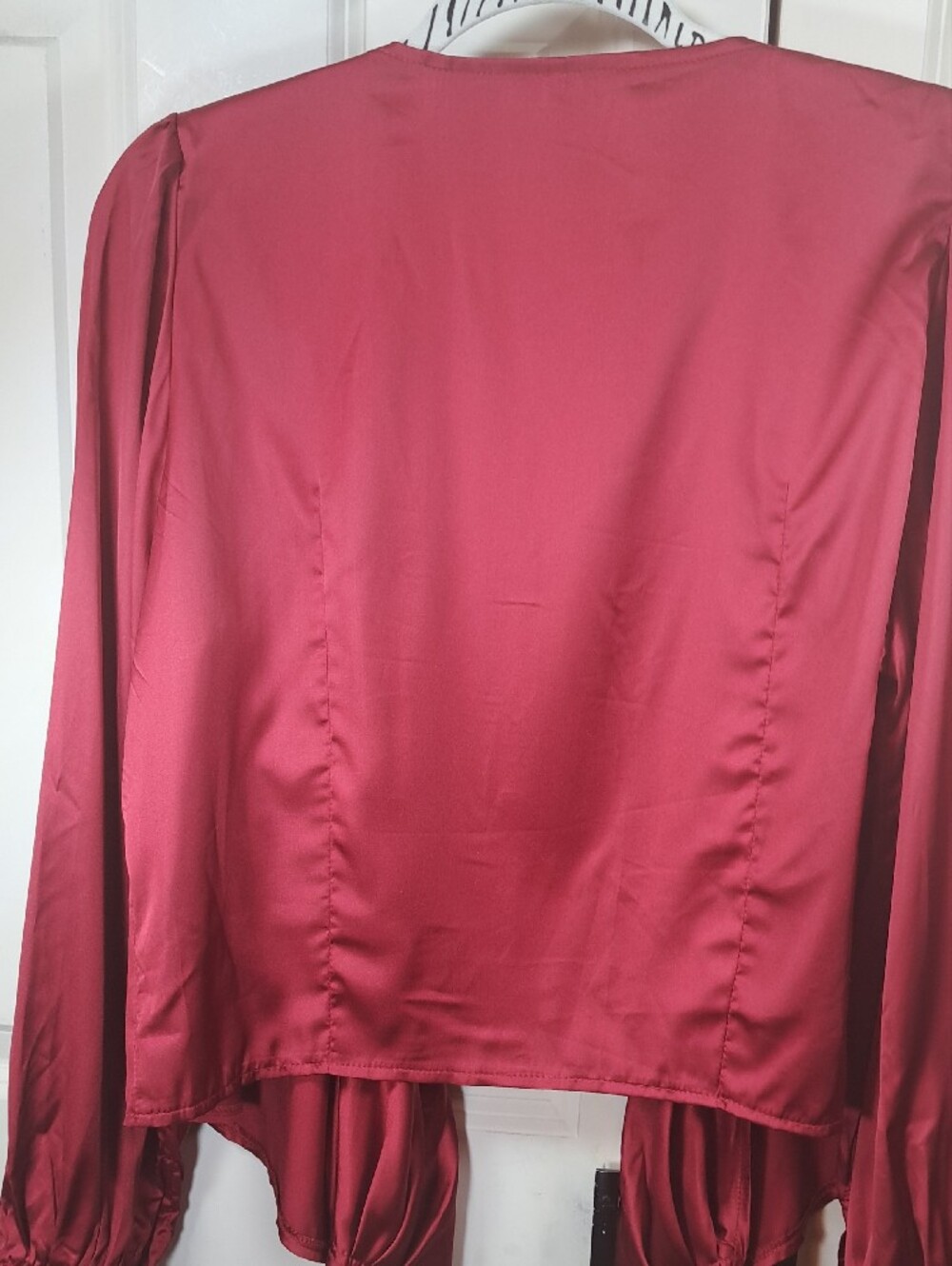 Satin Burgundy Open Front Tie-Front Blouse - Picture 9 of 10
